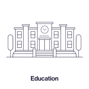 icon of a school with text saying "education"